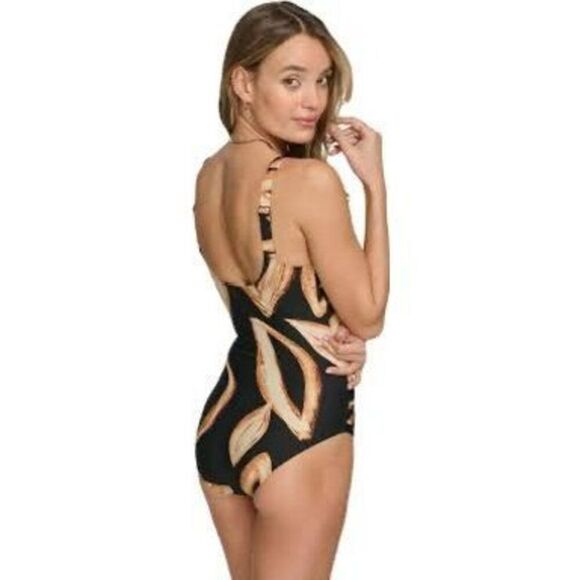 NWT DKNY Women's Black O-Ring One-Piece Bandeau-Neck Swimsuit.  Size M - Picture 2 of 7